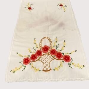 Embroidered Linen Floral Basket Tea Towel Vintage Charm Kitchen Hand Towel